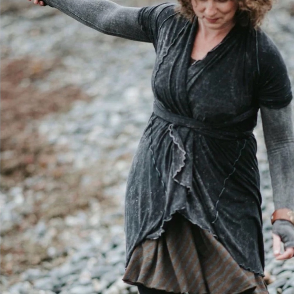 Angelrox WRAP dress, skirt, vest, shawl, gray and brown stripe pattern